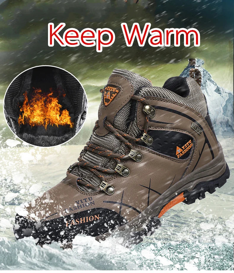 Winter Warm Cotton Shoes Men Outdoor Leather Black Casual Shoes Fur Sneakers High Top Rubber Ankle Boots Male Hiking Trekking 46