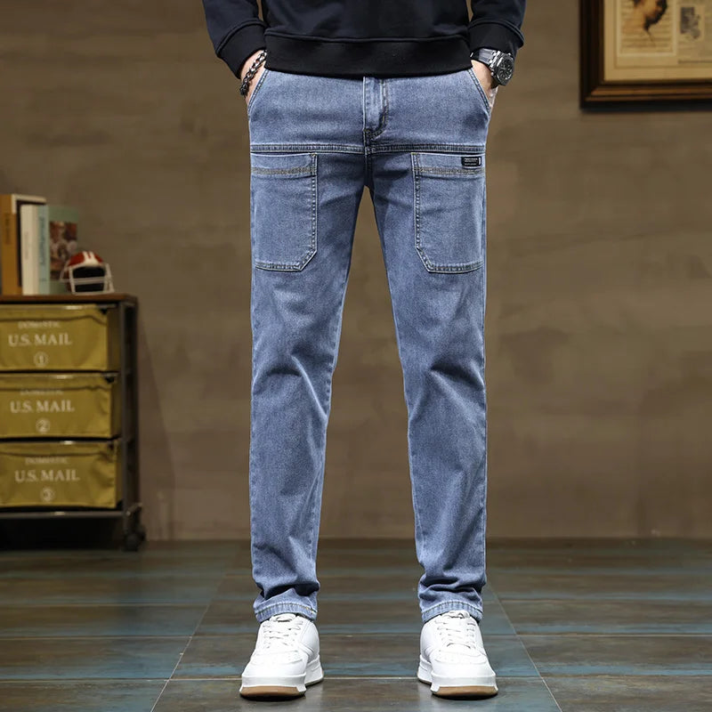 Calça Jeans Masculina Solta de Pernas Retas com Design Versátil de Seis Bolsos, Elástica e Confortável para Atividades ao Ar Livre, Caminhadas, Todas as Estações