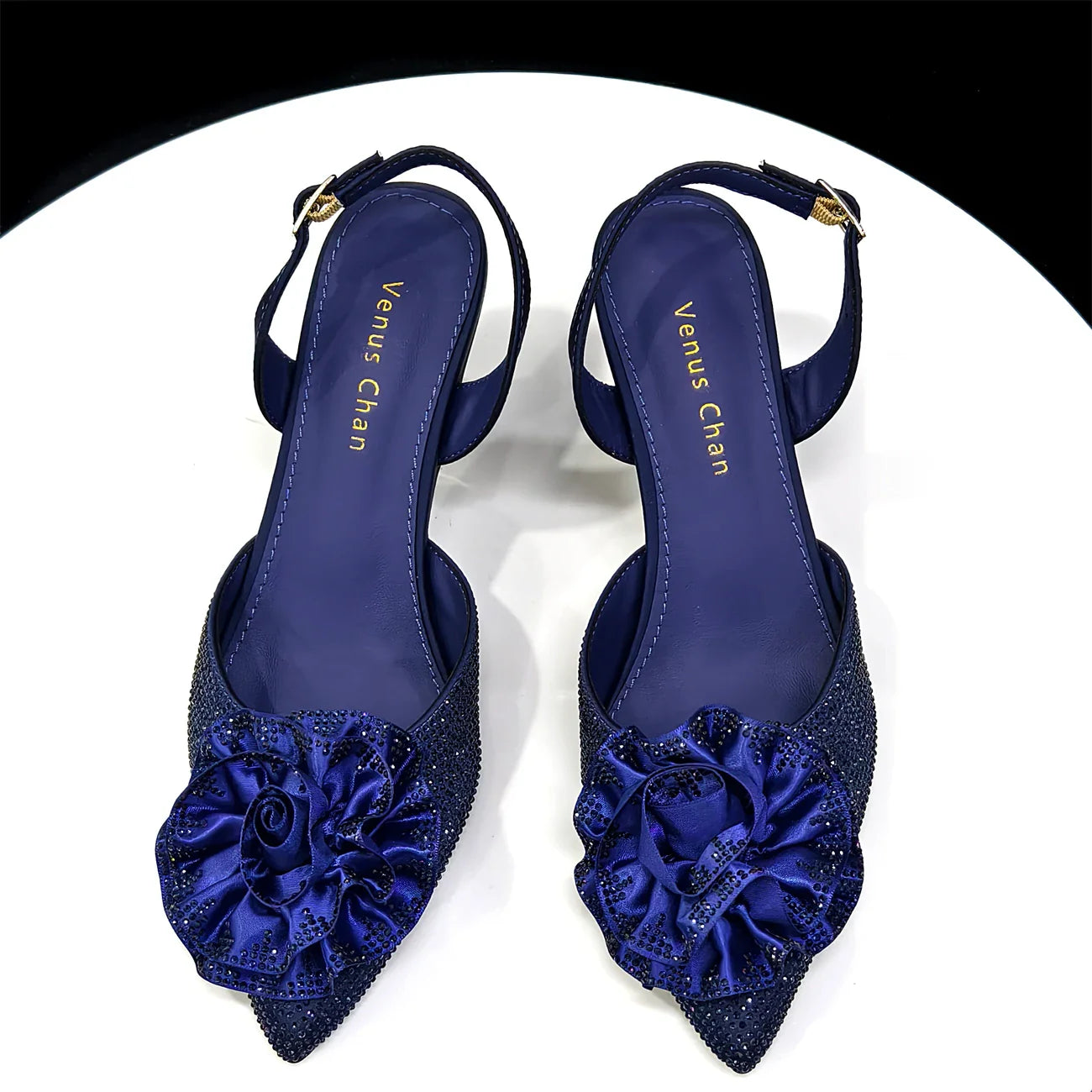 Elegant Shiny Dark blue Handbag and Medium Heel Shoes Set with Beautiful Handmade Flowers for Weddings and Parties