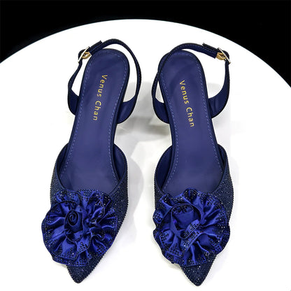 Elegant Shiny Dark blue Handbag and Medium Heel Shoes Set with Beautiful Handmade Flowers for Weddings and Parties