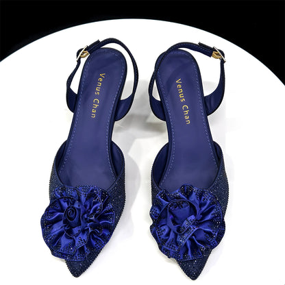 Elegant Shiny Dark blue Handbag and Medium Heel Shoes Set with Beautiful Handmade Flowers for Weddings and Parties