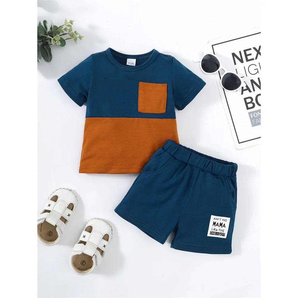 2PCS Summer Toddlers Boy Outfits Short Sleeve Pullover Color Block Top+Pants Fashion Casual Sports Set for Kids Boys 1-4 Years