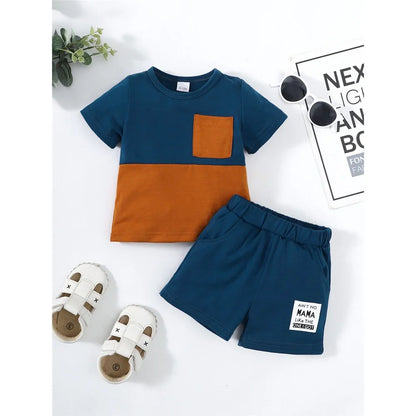 2PCS Summer Toddlers Boy Outfits Short Sleeve Pullover Color Block Top+Pants Fashion Casual Sports Set for Kids Boys 1-4 Years