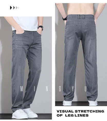 Spring Summer Brand Clothing Lyocell Fabric Men's Jeans Classic Business Straight Denim Pants Work Trousers Male Plus Size 29-40