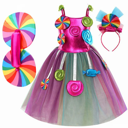 New Sweet Lollipop Candy Girl Dress Carnival Party Little Kids Birthday Costume Fancy Rainbow Tutu Children Wedding Clothes