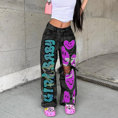 Wish Loose Washed Denim Long Pants Women's Cargo Trousers