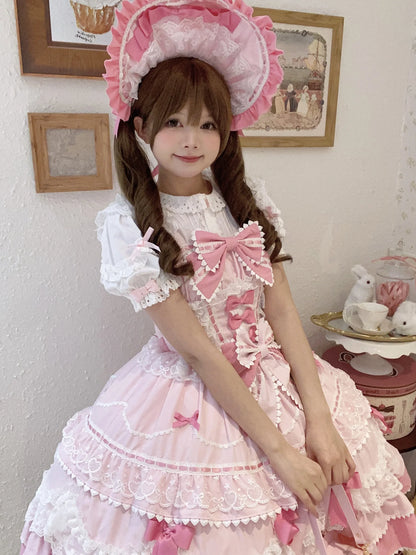 New 2025 Summer Original Sweet Lolita Jsk Dress Cute Bow Lace Stitching Kawaii Girls Women Elegant Slim Suspender Dresses