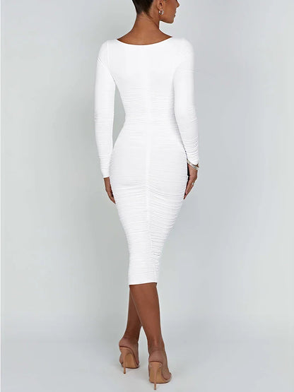 Vestido Feminino de Outono e Inverno Sexy Colado ao Corpo Decote Quadrado Manga Longa Vestidos de Noite para Senhoras