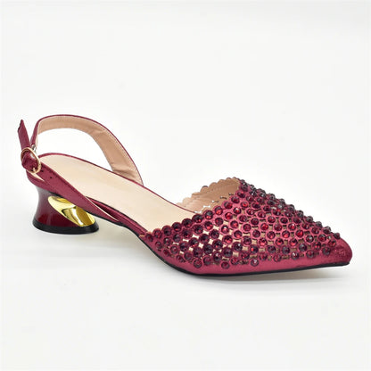 Fashion Italian Shoes with Matching Bags Set with Rhinestone African Shoes for Women Mid Heels Party Pumps Plus Size Heels 43