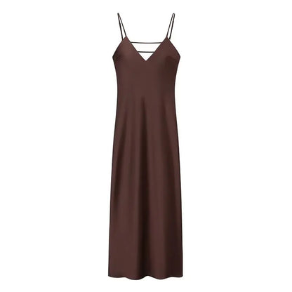 Women Summer Yellow Stain V Neck Sling Dress Elegant Sleeveless Loose Maxi Robes 2025 New Ladies Party Holiday Dresses
