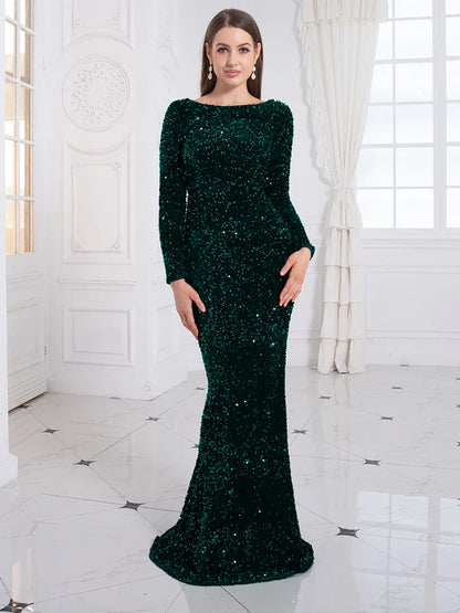 Vestido de Festa Formal Azul Royal Feminino Elegante Manga Longa Veludo Elástico Paetê Sereia Vestido de Noiva 2025