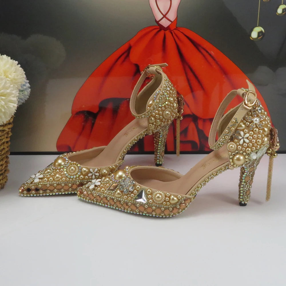 Luxury Champagne Golden Crystal wedding shoes matching bags woman fashion Thick heel Women party dress shoes Pointed Toe shoes