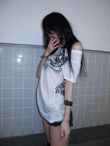 Japanese Y2k Letter Print T-shirt Trashy 2000s Style Tattoo T Shirt Vintage Harajuku Short Sleeve Sheer Tops Grunge Goth