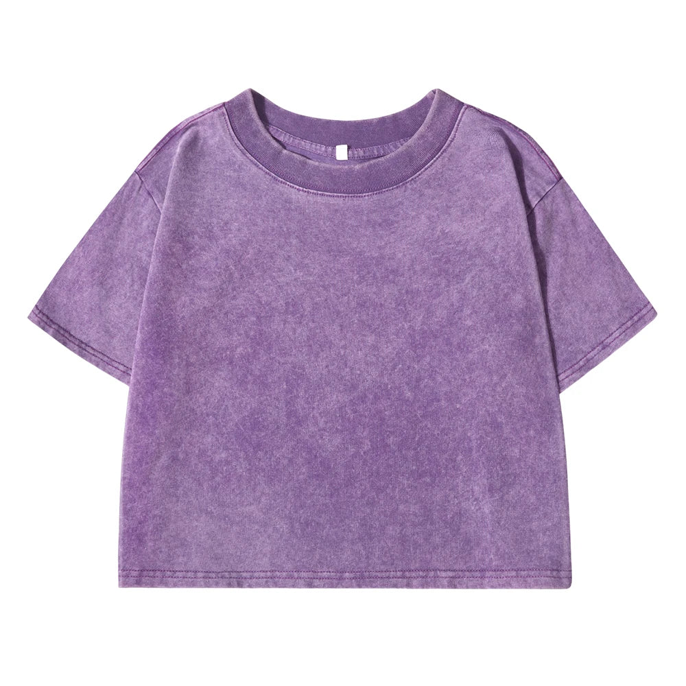 Solid Slim Washed T-Shirt Female Fashion Soft Cotton Streetwear Casual Sport Short Sleeve Cool Retro Crop Clothing For Women