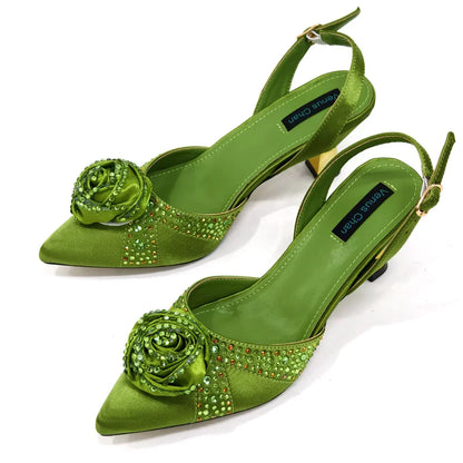 Elegant Rhinestone-Embellished Brown Heeled Shoes and Handbag Set for Women with Floral Decoration – Perfect Small Size Fashion