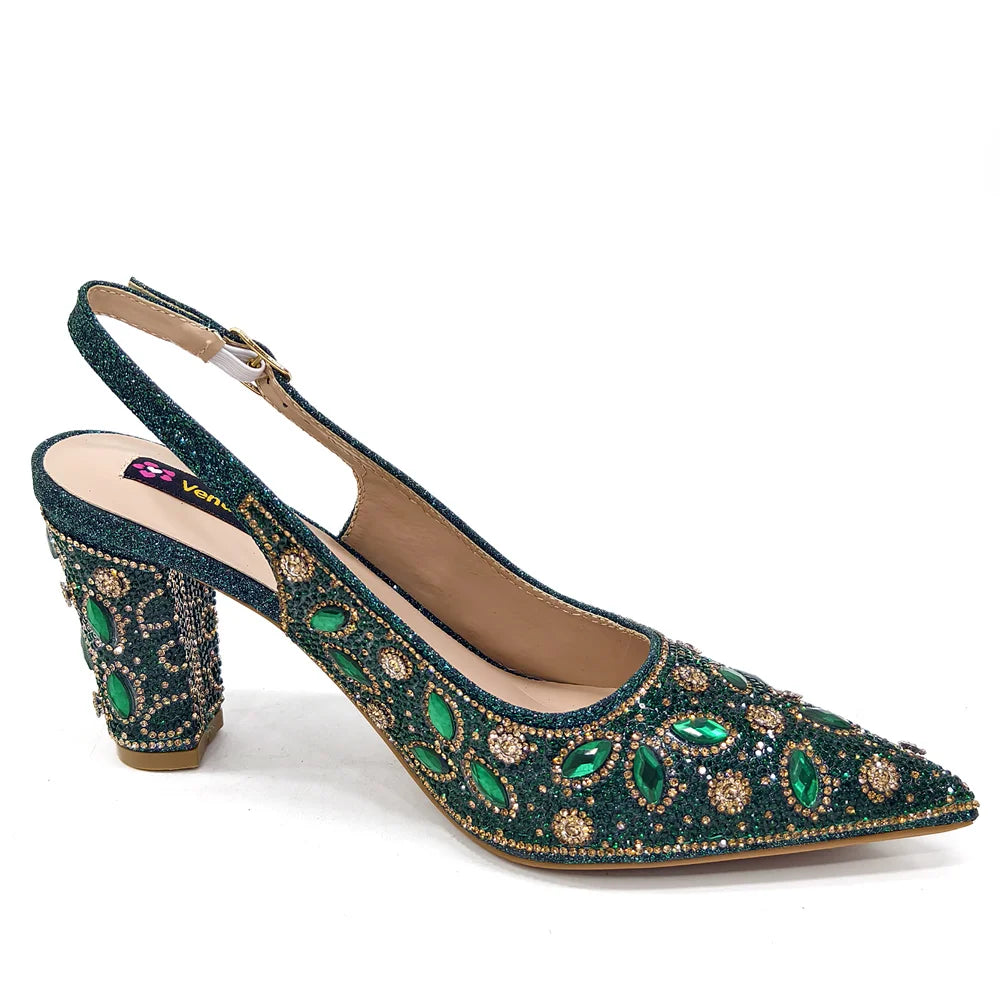Elegant Nigerian Women's Blue Heels and Rhinestone Handbag Set - Italian Design for Weddings and Parties