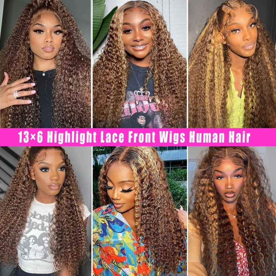 30 Inch Curly Highlight Ombre Lace Front Wig Human Hair Wigs Colored Deep Wave 13X6 Hd Lace Frontal Wig Pre Plucked 250 Density