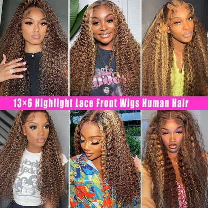 30 Inch Curly Highlight Ombre Lace Front Wig Human Hair Wigs Colored Deep Wave 13X6 Hd Lace Frontal Wig Pre Plucked 250 Density