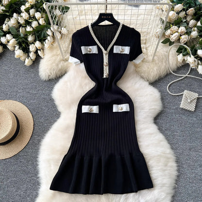 Fashion Knitted Mermaid Dress 2026 New Elegant V-neck Buttons Ribbed Sweater Dress Lady Bodycon Party Vestidos