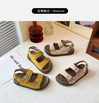 Kids Suede Strappy Sandals for Boys Girls 2025 Summer Toddler Beach Barefoot Shoes Non-slip Versatile Comfort Casual Sandals Ins