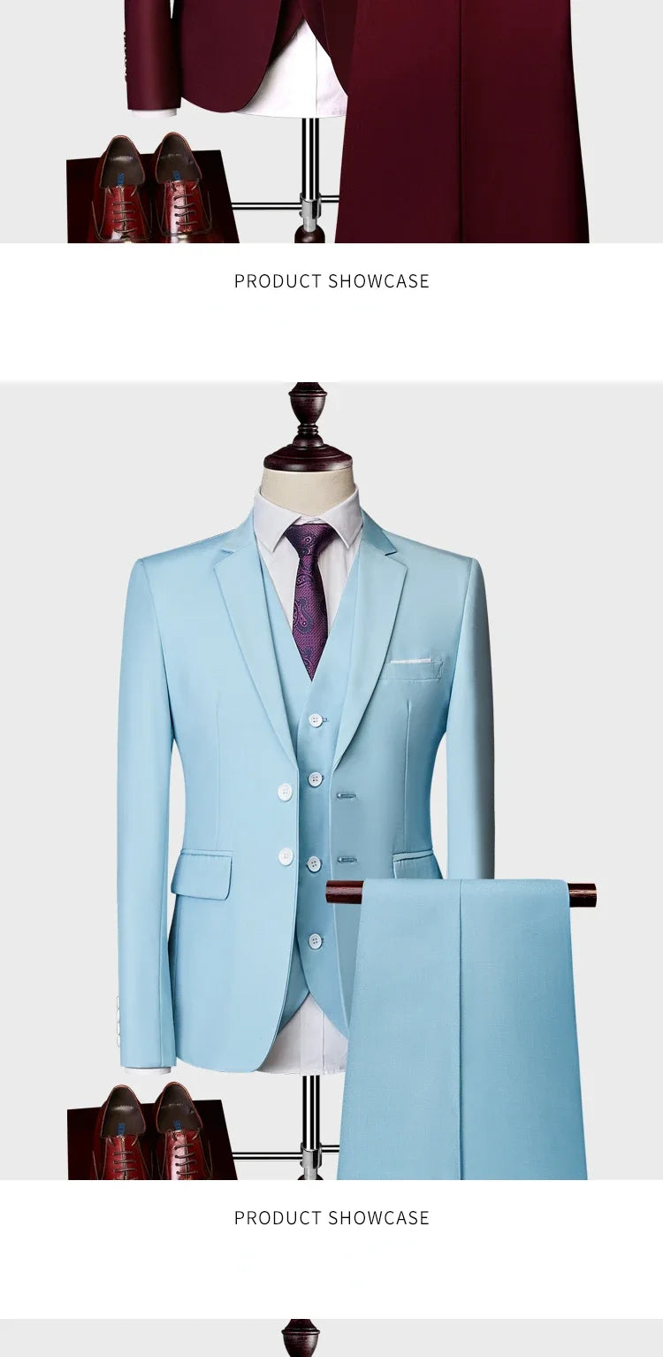 ( Jacket +Vest+ Pants ) Luxury Men's High-end Brand Solid Color Business Office Suit 3Pcs & 2Pcs Groom Wedding Party Suit Tuxedo