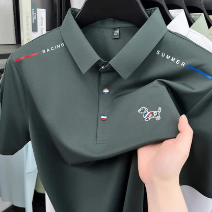 New Business Men's Lapel Polo Shirt High End Design Cartoon Dog Print Short Sleeve T-Shirt Summer Fashion Breathable Men's Wear