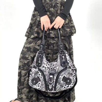 Y2K vintage hot girl personality leopard print shoulder bag with multiple compartments, Maillard crossbody handbag