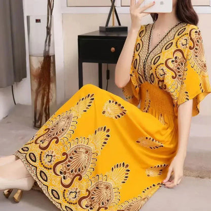 Flower V-neck Elastic Youthful Bohemian Sweet Midi Dress Woman Clothes Chic Fashion Summer Dresses 2025 Large Swing Ski
