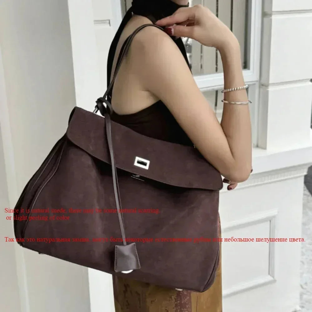 Suede Leather Tote Bag for Women Large Capacity Cowhide Shoulder Bag Designer Lock Satchel Chic Soft Nubuck Crossbody Purse
