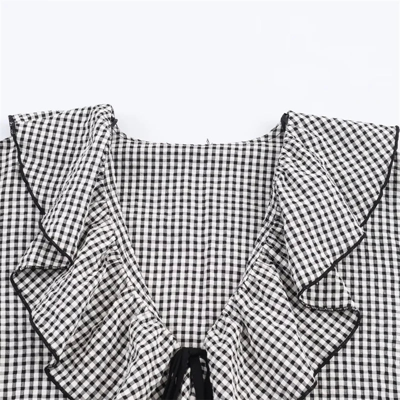 Elegant Fashion Chidori Plaid Ruffles Chiffon Shirt Spring 2025 Ruffled Neck Long Butterfly Sleeve Loose Tops Women's Clothing