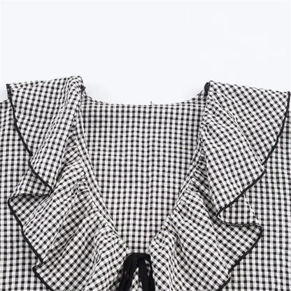 Elegant Fashion Chidori Plaid Ruffles Chiffon Shirt Spring 2025 Ruffled Neck Long Butterfly Sleeve Loose Tops Women's Clothing