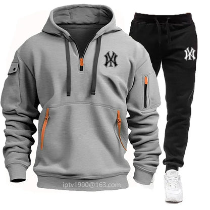 A stylish, casual and fitness two-piece set for men's autumn and winter 2025: zipper hoodie, long-sleeved pullovers and jogging