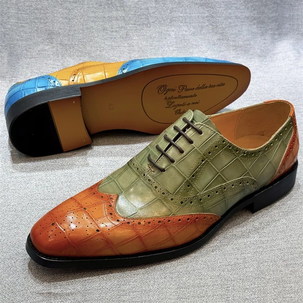Men's Genuine Leather Wingtip Oxfords Shoes Italian Wedding Dress Shoes Green/Camel Business Formal Male Footwear
