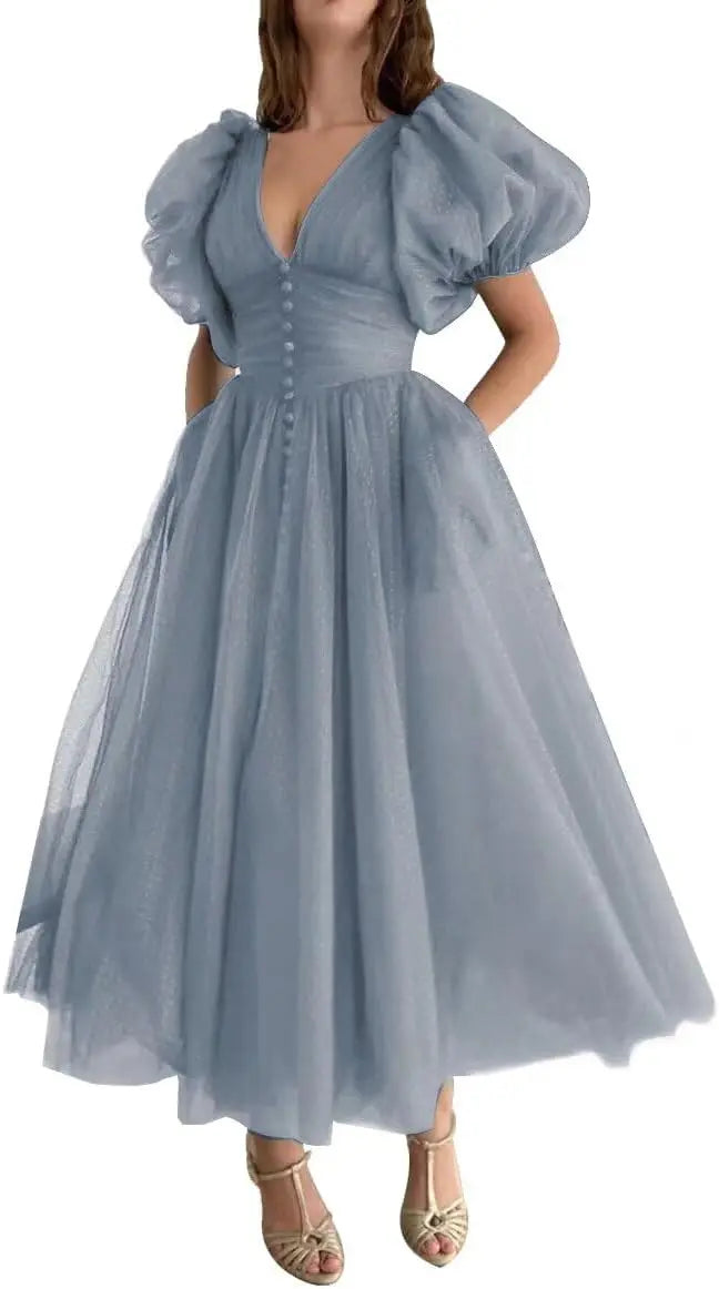 Puffy Sleeve Prom Dresses for Women Dotted Tulle V Neck Formal Evening Party Gowns Tea Length Formal Dress Women Elegant