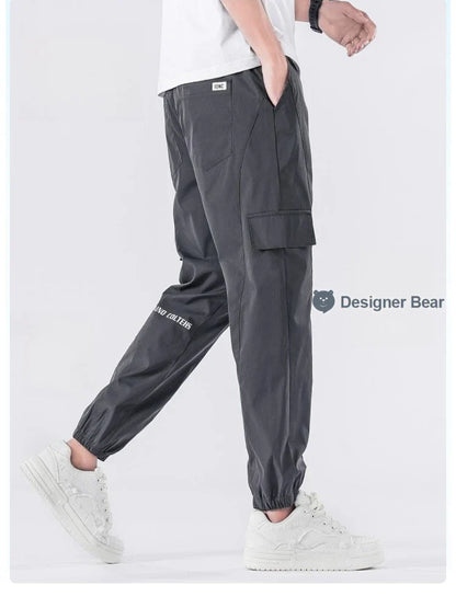 Spring Summer Thin Men's Cargo Pants Loose Tapered Elastic Cuff Jogger Trousers Quick Dry Casual Outdoor Haren Pants Male 5XL
