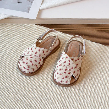Girls Princess Floral Sandals New Summer Cross Strap Children Beach Shoes Non-Slip Breathable Kids Flat Sandals School Perform