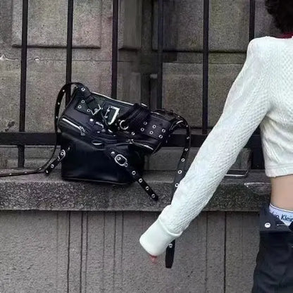 High Street Vintage Handbag Women New Rivet Large Capacity Casual Crossbody Bags Ladies Moto Biker Black Messenger Bag