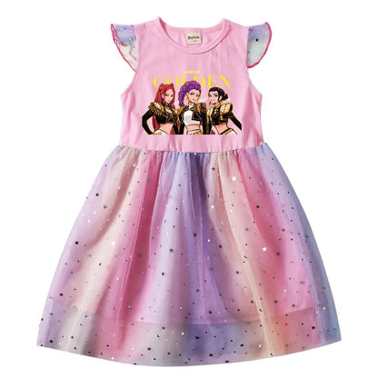 Baby Girls Dress Children Cartoon Mesh Star Sequins Princess Dress Kids Flying Sleeve Skirt For Birthday Gift