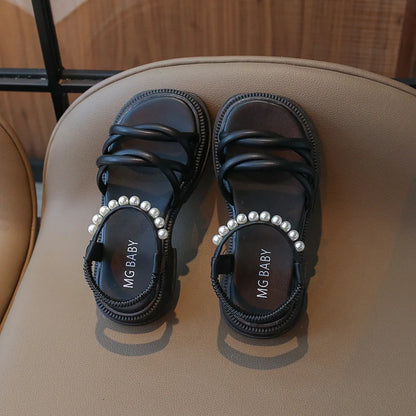 Girl Sandals Summer Children Princess Causal Pearl Beach Shoes Fashion Open-toe Kids Flat Sandals Solid Color Versatile Slip-on