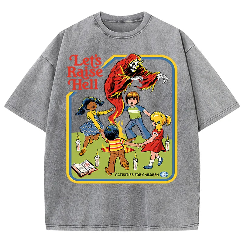 Let'S Raise Hell Printed Snow Wash Tee Shirts Man Breathable Cotton T Shirt Sportwear Clothing Crewneck Loose Short Sleeve