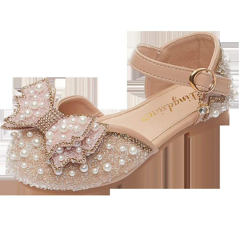 New Girl Sandals Cute Bow Pearl Sequins Kid Princess Shoes Flat Heels children Dancing Size 23-35