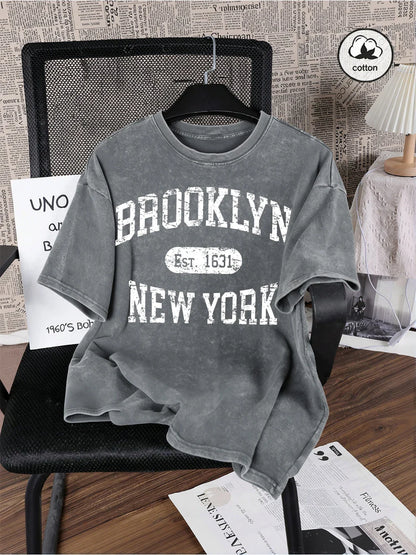 Brooklyn Est 1631 New York Prints Washed T-Shirt Mens Cotton Oversized T Shirts Casual Distressed O-Neck Tops Summer Male Tees