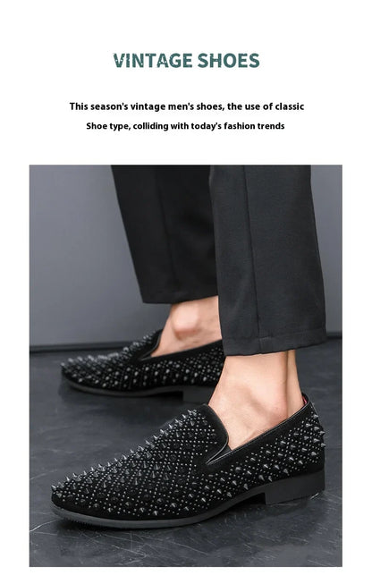 Hairdresser personality trend rivet hot diamond Loafers men's British vintage rhinestone shoe hipster leather shoes