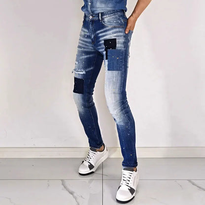 Street Fashion Men Jeans Retro Blue High Quality Elastic Skinny Fit Ripped Jeans Men Patched Designer Hip Hop Brand Pants Hombre