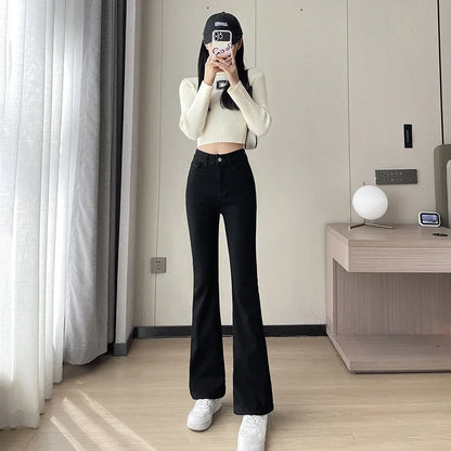 Fashion New Women Warm Plush Flared Jeans Thermal Fleece Loose Denim Pants Female High Waist Urban Straight Flare Trouser