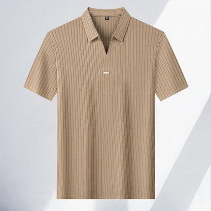 High quality personality texture stripe short sleeve polo shirt summer ice silk breathable buttonless men's solid color T-shirt