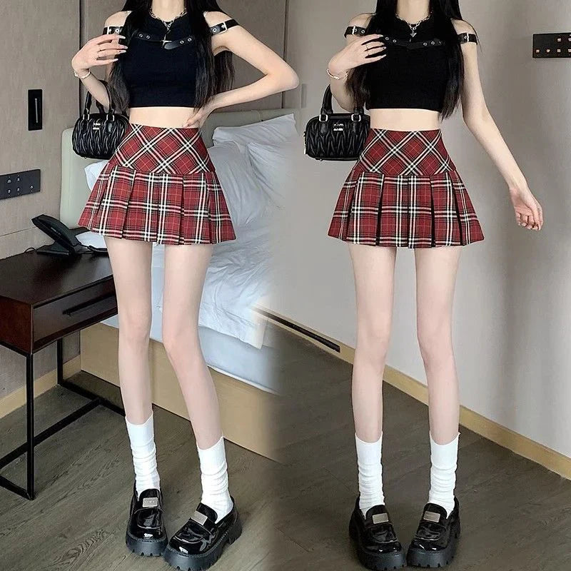 Summer Chic Korean Lady Thin Wrap Hip Skirts Female Retro High Waist A-line Skirts Women Fashion Plaid Designer Skirts