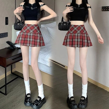 Summer Chic Korean Lady Thin Wrap Hip Skirts Female Retro High Waist A-line Skirts Women Fashion Plaid Designer Skirts