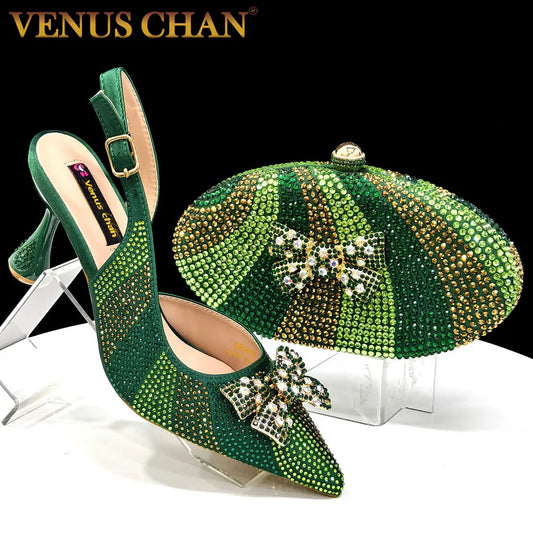 Green Color Pointed-Toe High Women Heels Shoes and Bags for Women Rhinestone Evening Party Elegant Luxury Handbag
