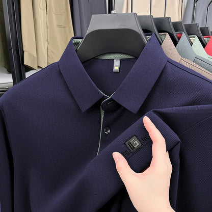 High End Brand Quality Men's Polo Shirt Autumn Exquisite Solid Color Letter Print Lapel Long Sleeve Business Classic Menswear